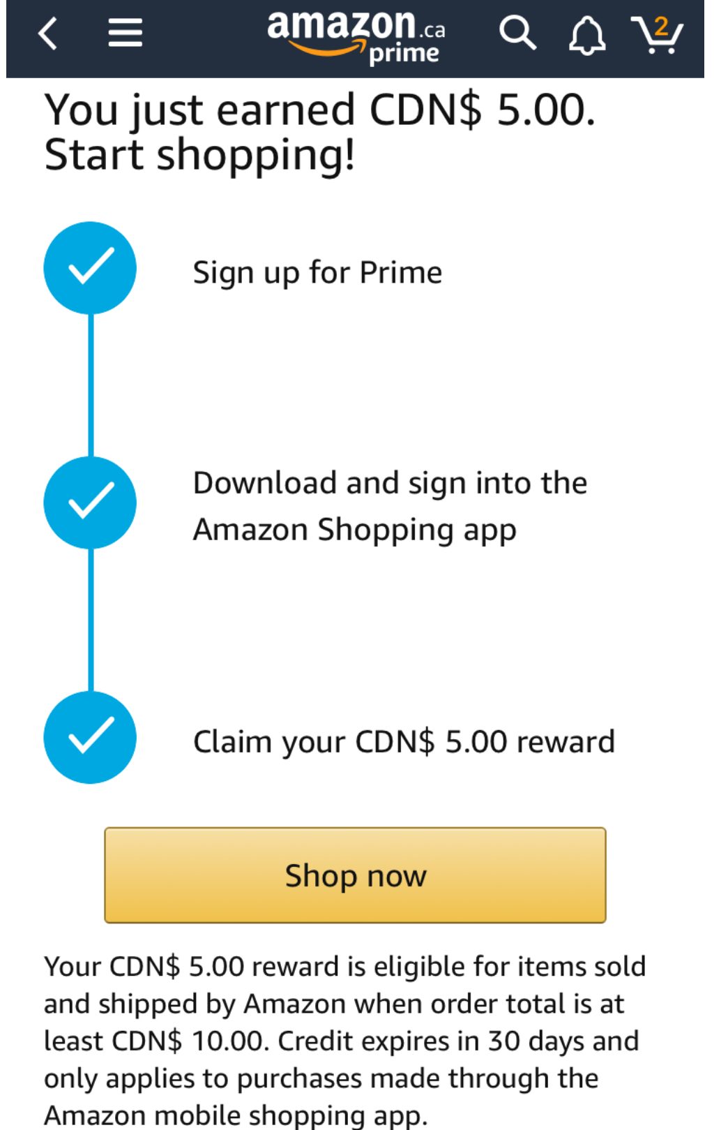 Amazon Ca Extreme Ymmv Sign Up For Prime Download And Sign Into Amazon Shopping App Then Claim 5 Reward Credit Redflagdeals Com Forums