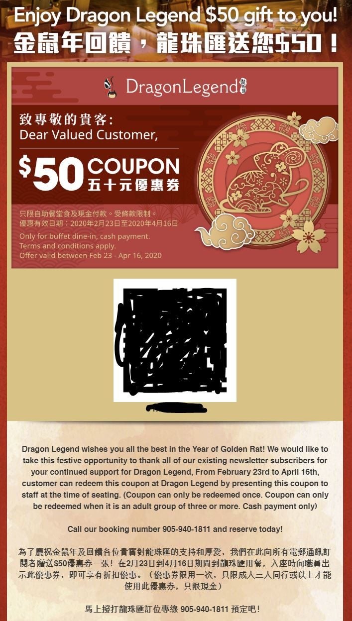 [Dragon Legend] Dragon Legend AYCE Buffet (GTA) $50 Off Coupon ...