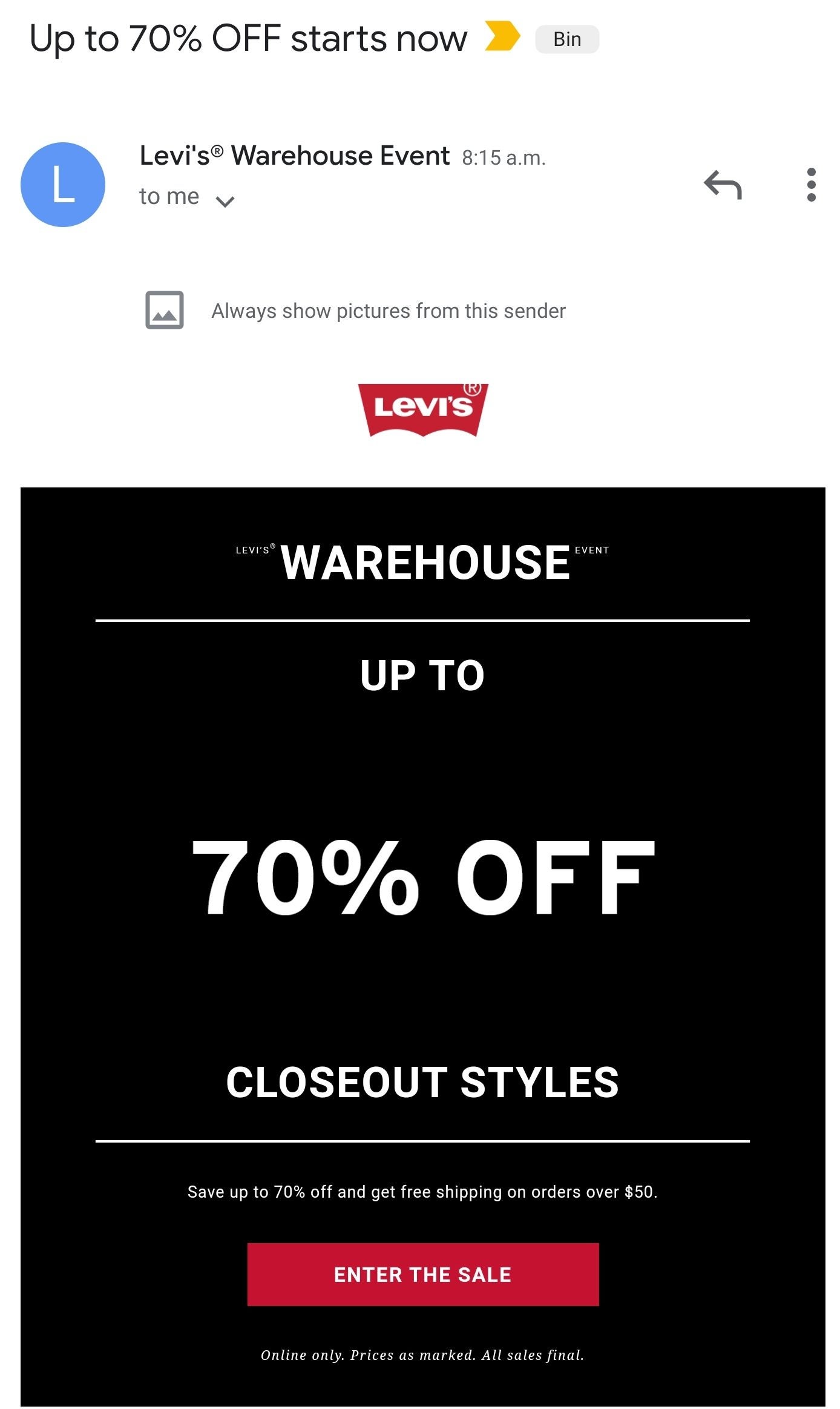 Levi's] Levis Warehouse up to 70% | 10% RAKUTEN CASH BACK | 15% newsletter  | FS $50+  Forums