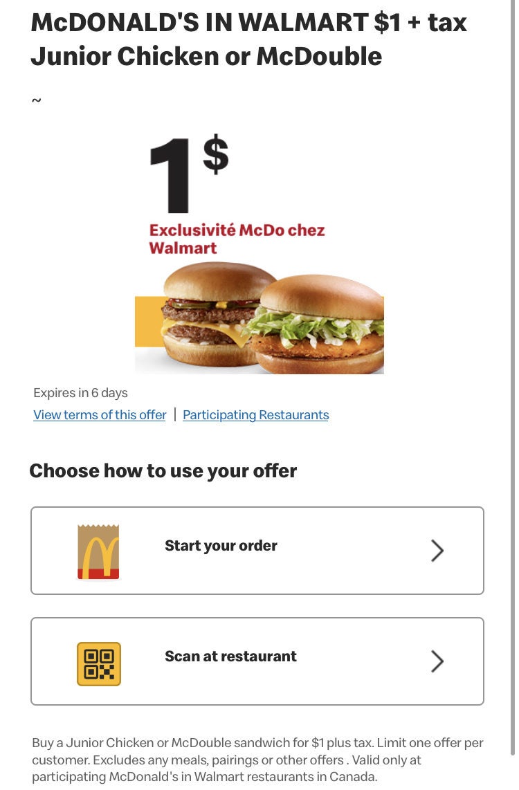 [McDonalds] Walmart McDonald's: Jr. Chicken / McDouble @ $1 via MCD app ...