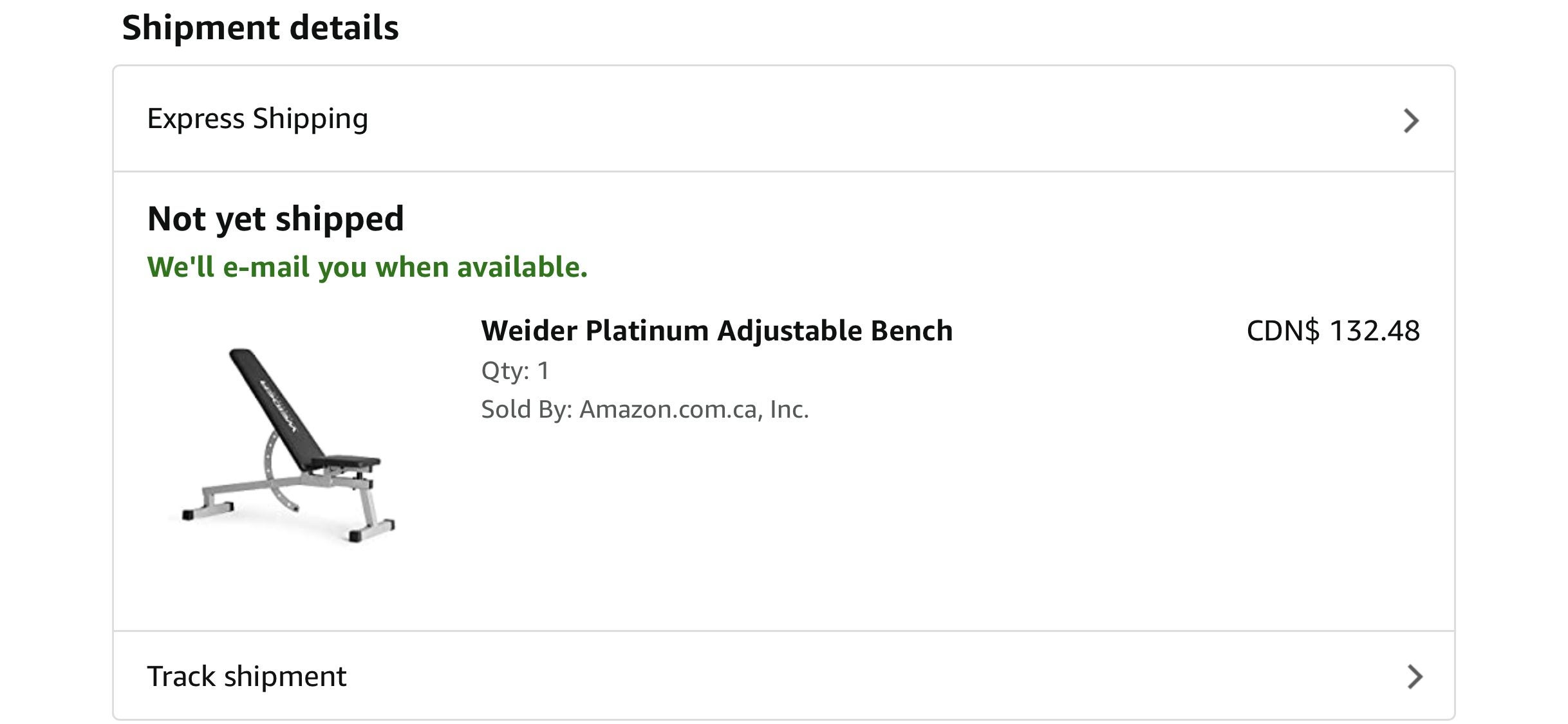 Amazon.ca Weider platinum adjustable bench 132.48 out of stock