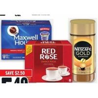 Red Rose Orange Pekoe Tea, Maxwell House Coffee Capsules or Nescafe Gold Instant Coffee