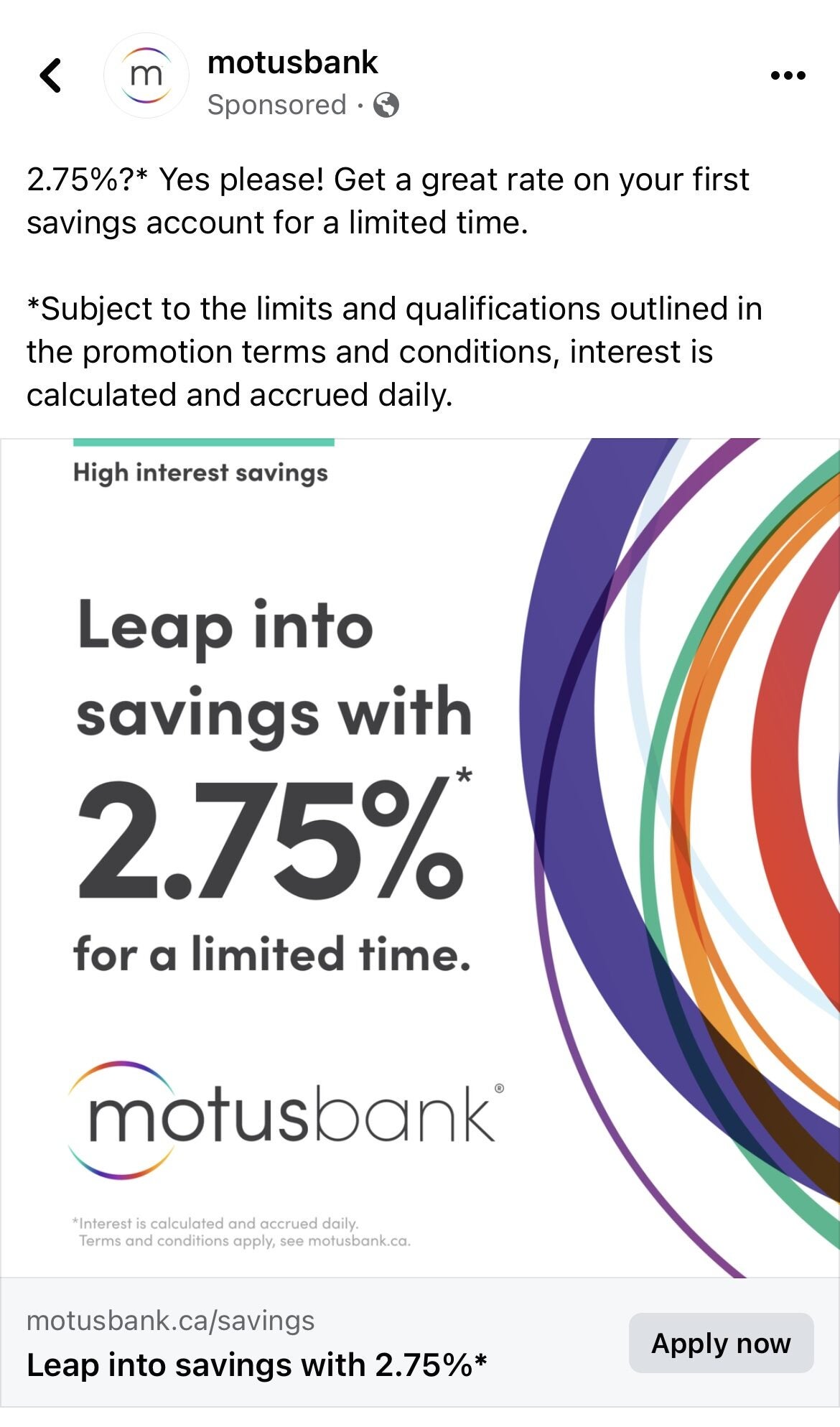 [Motusbank] 2.75% interest rate on HISA and TFSA first 4 months ...