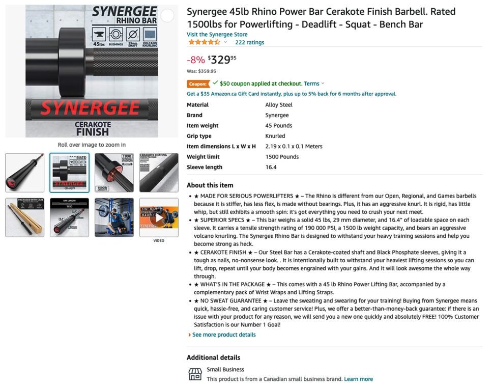  Amazon ca Synergee Rhino Barbell Cerakote Coating 280 With Coupon 