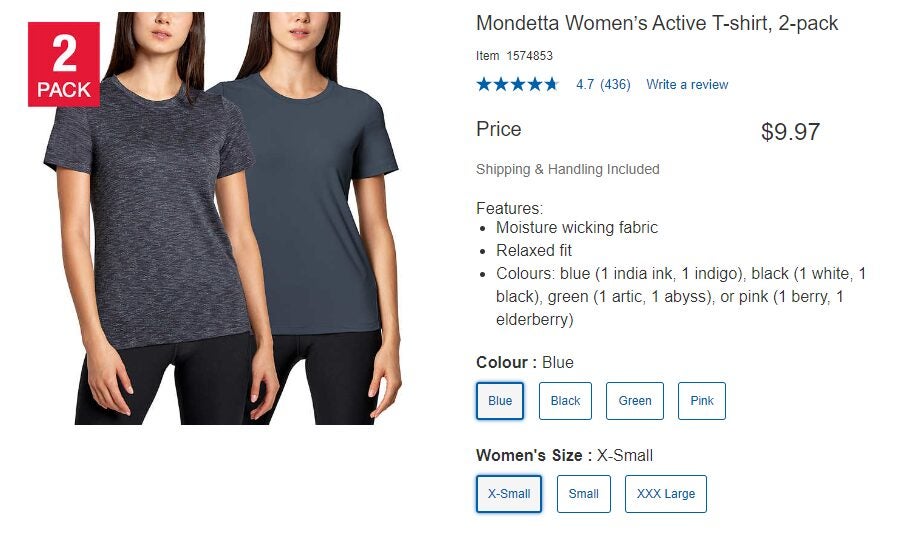 Costco] Mondetta Women's Active T-shirt, 2-pack - $9.97 - various