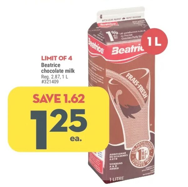 Giant Tiger Beatrice chocolate milk 1L 1.25 save 1.62