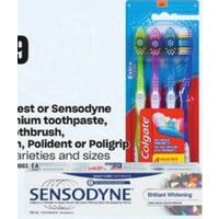 Colgate, Crest or Sensodyne Super Premium Toothpaste, Manual Toothbrush, Mouthwash, Polident or Poligrip