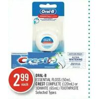 Oral-B Essential Floss, Crest Complete Or 3dwhite Toothpaste