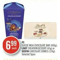 PC Suisse Milk Chocolate Bar, Lindt Creation Dessert Or Godiva Chocolate Domes