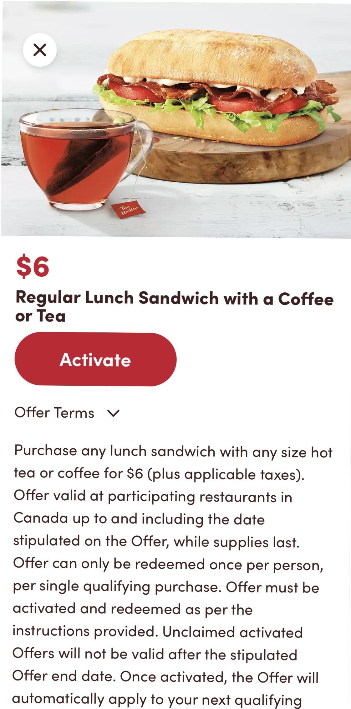 [Tim Hortons] Hottish, 6 Regular Lunch Sandwich with XL Coffee or Tea