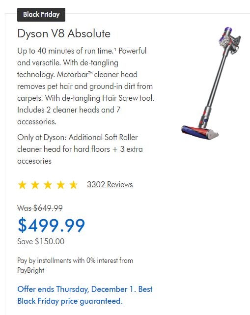 [Dyson] [Black Friday] Dyson BF deals on vacuums 150 off + 12 back on