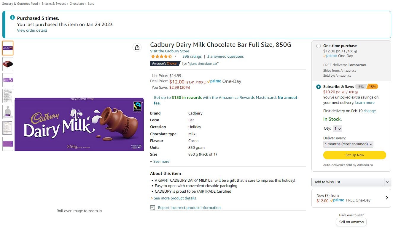 [Amazon.ca] Cadbury Dairy Milk Chocolate Bar Full Size, 850G ($12, 20% ...