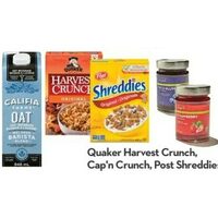Quaker Harvest Crunch, Cap'n Crunch, Post Shreddies Or Honey Bunches Of Oats Cereals, Califia Oat Or Almond Barista Beverages, Longo's Organic Fruit Spread