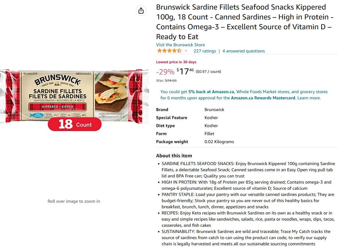 [Amazon.ca] Brunswick Sardine Fillets Seafood Snacks Kippered 100g, 18