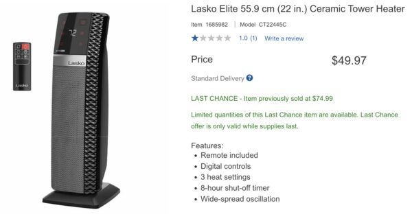 Costco Lasko Elite Ceramic Tower Heater 1500W 49.97