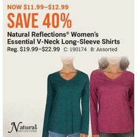 Natural Reflections Women's Essential V- Neck Long- Sleeve Shirts