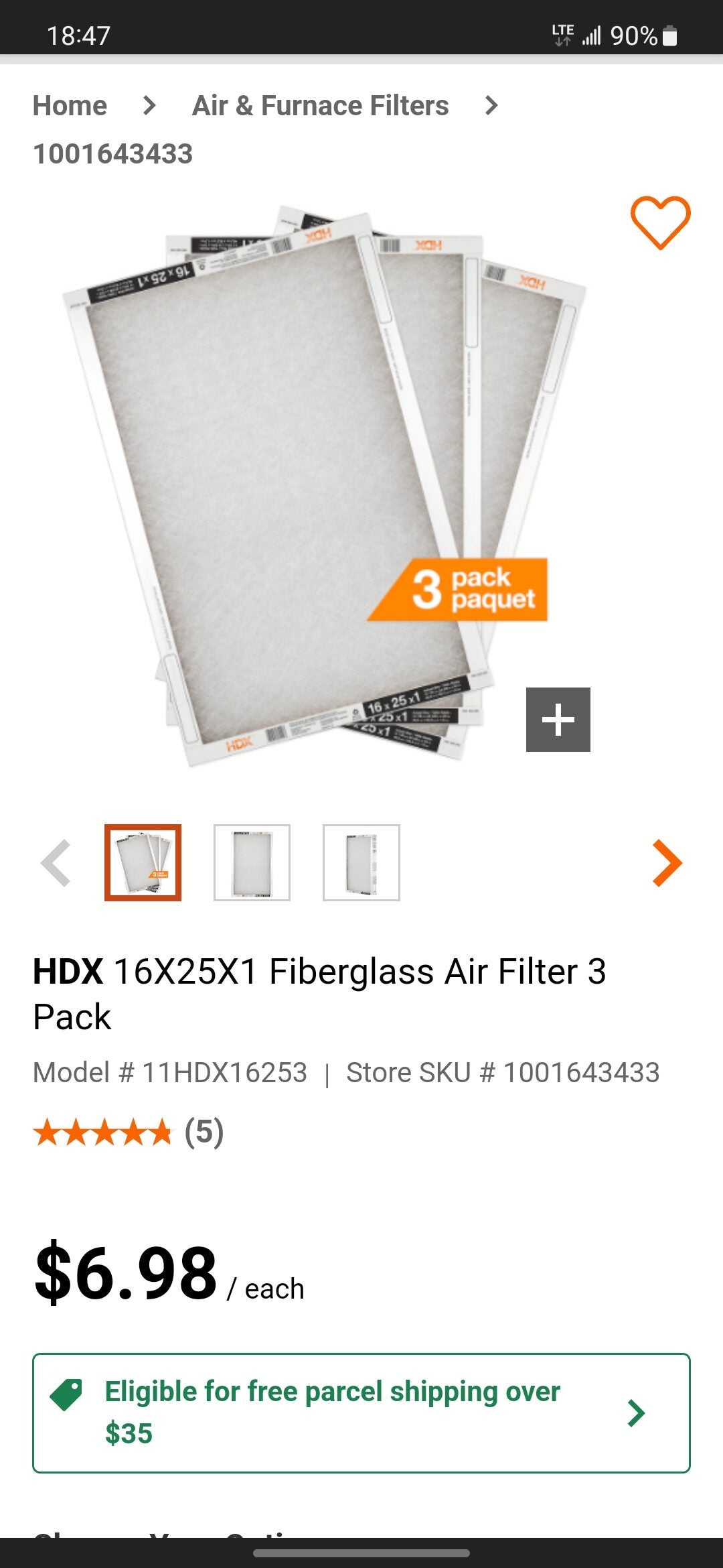 [Home Depot] HDX 16"x25"x1" MERV 8 Pleated Furnace Filter 3pk 9.98