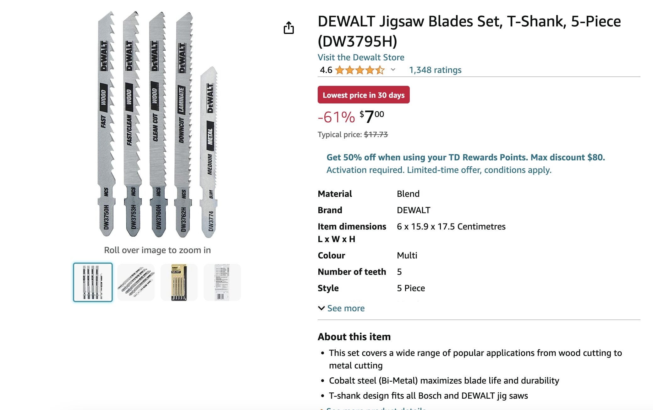 [Amazon.ca] DEWALT Jigsaw Blades Set, TShank, 5Piece 7 (61