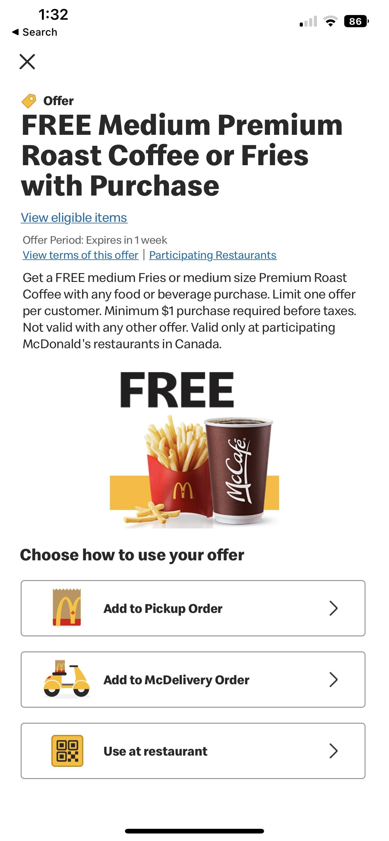 [McDonalds] Free medium fries or coffee with $1 purchase. YMMV - RedFlagDeals.com Forums