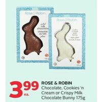 Rose & Robin Chocolate, Cookies'n Cream or Crispy Milk Chocolate Bunny