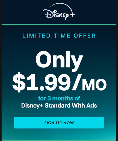 [Disney+] Disney+ Standard With Ads Offer Get 3 months for 1.99 per