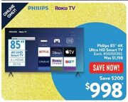 $998 Philips 85" 4K Ultra HD Roku Smart LED TV, HDR10 (85PUL6673/F6), starts Wednesday