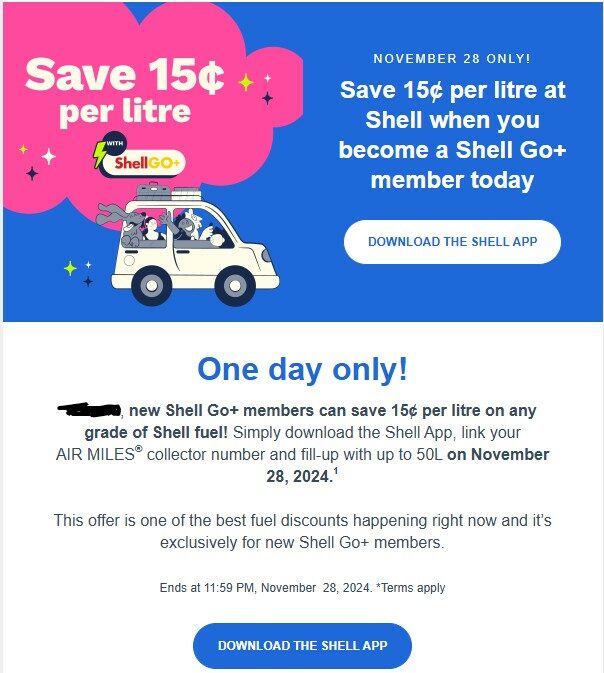 [Shell] $0.15 Off (or More) Per Litre on Thu Nov 28 (For New Shell Go+ ...