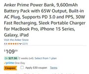 Anker Prime Power Bank, 9.6k 65W PD PPS 30w Recharge folding plug $79.99