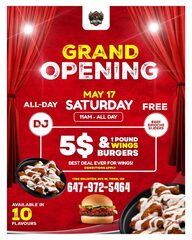Toronto Grand Opening $5 burger/one pound of wings 11am Saturday May 17