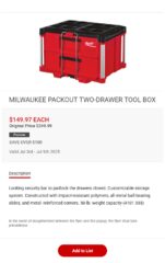 [BC] Milwaukee Tool PACKOUT 22 in. 2-Drawer Tool Box $149.97 [starts July 03]