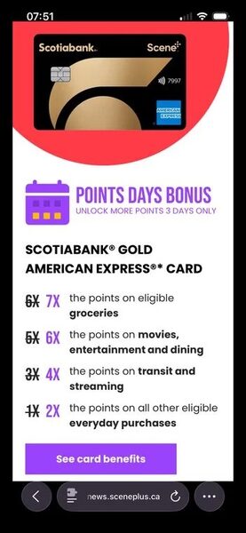 [Various] (ON/QC) Scene+ Points Days - Scotiabank clients get up to 7% ...