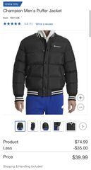 CHAMPION Men’s Puffer Jacket $39.99 (Reg. $74.99) S-XXL Sizes Available