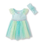 Baby Girls Short Ruffle Sleeve Glitter Mesh Dress, Headwrap, And Bloomers Set - $38.99 ($0.96 Off)