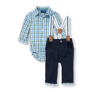 Baby Boys Long Sleeve Plaid Button-down Shirt Striped Suspenders And Plaid-cuff Pants Set - $17.20 ($27.75 Off)