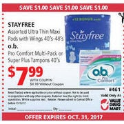 Stayfree Ultra Thin Maxi Pads with Wings, O.B. Pro Comfort Multi-Pack or Super Plus Tampons - $7.99/with coupon ($1.00 off)